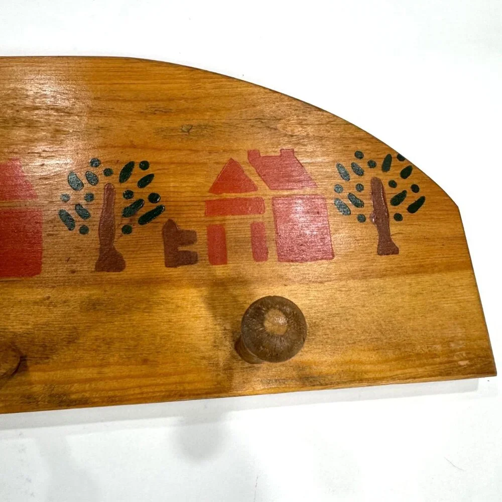 Vintage Country Folk Art Wooden Wall Rack 3 Peg House Tree Stencil Farmhouse